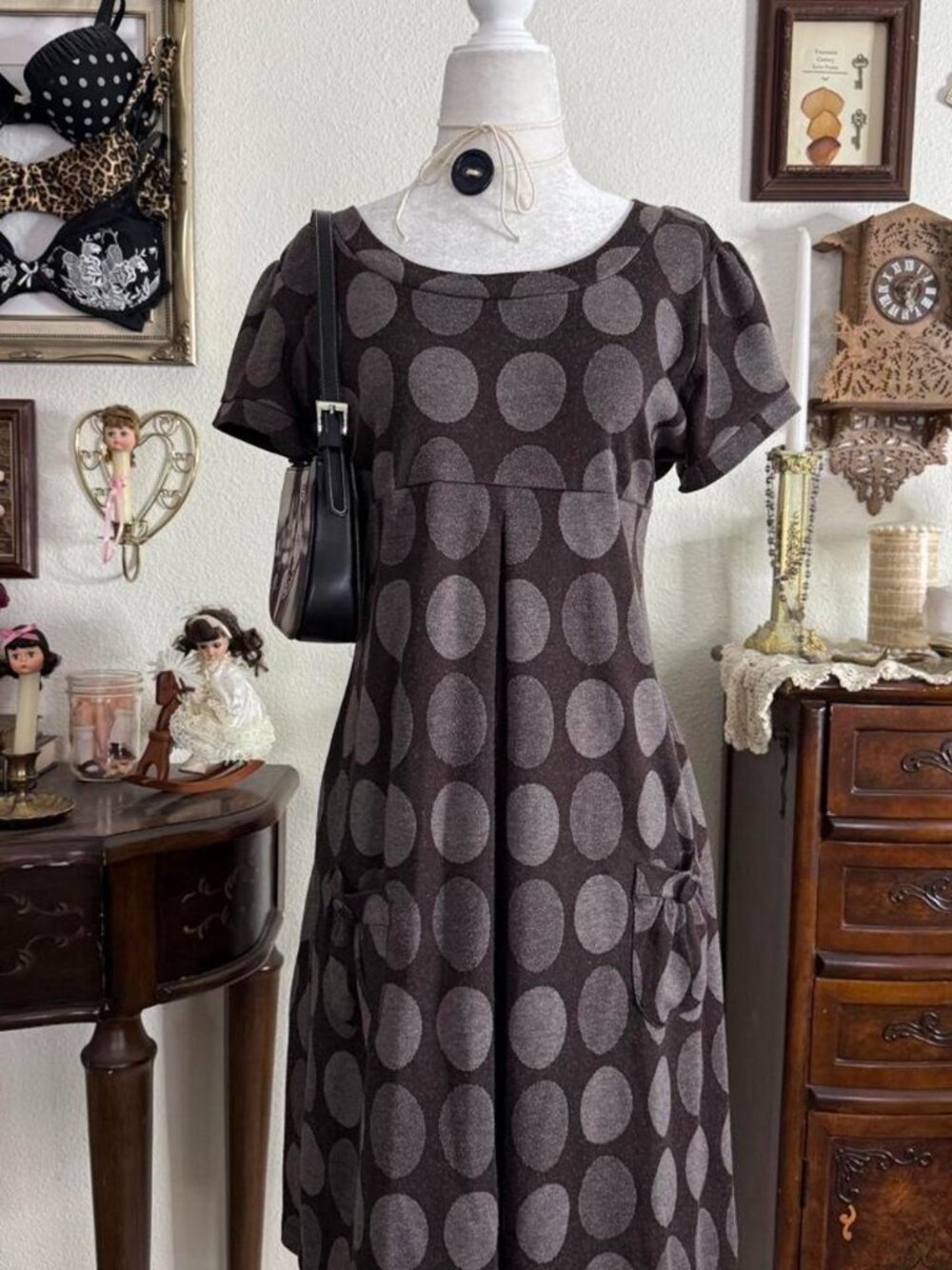 Y2k quirky preppy twee brown mod style polkadot midi length babydoll dress w poc